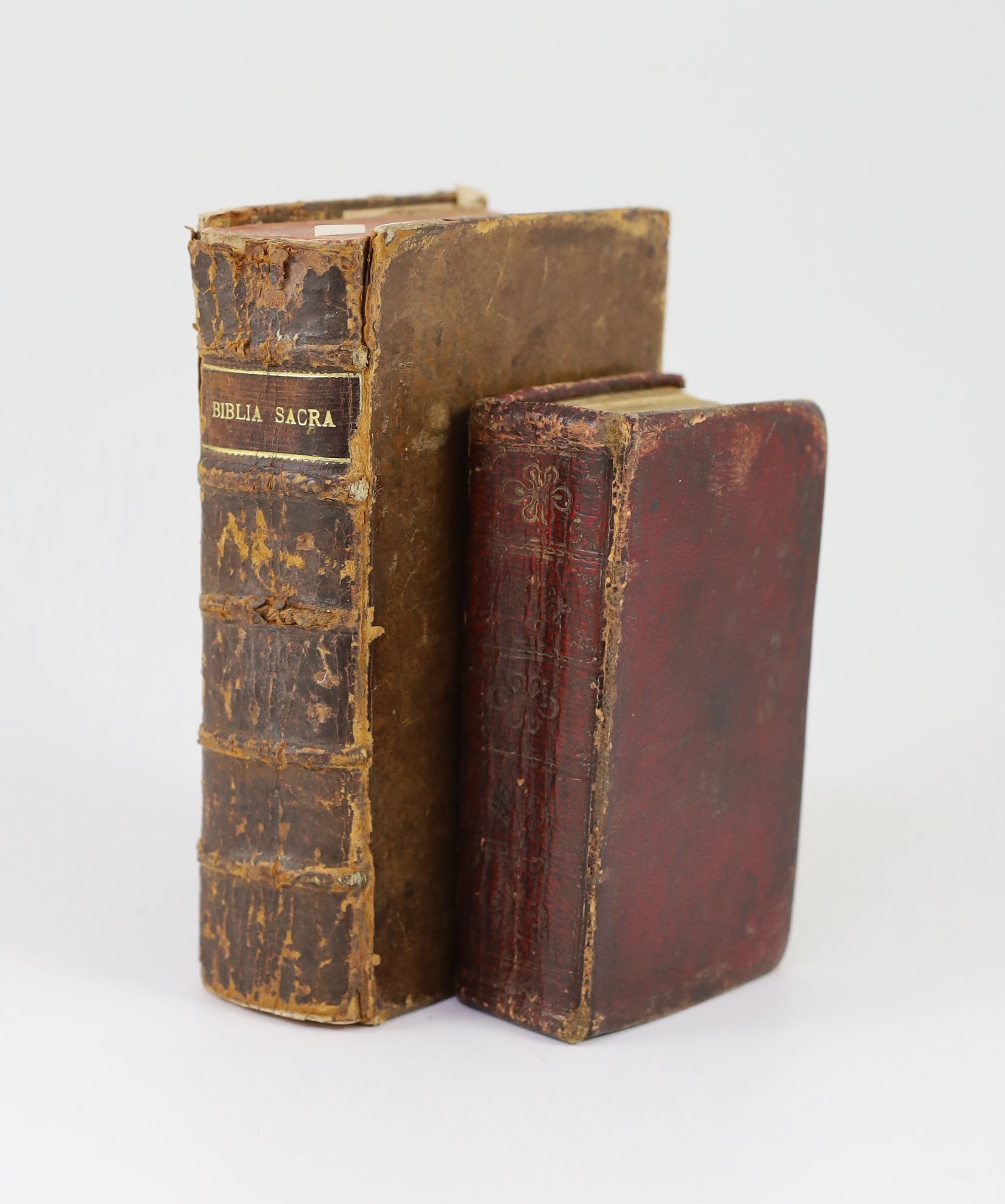 Bible in Latin - Biblia Sacra Vulgate Editioni, Sixti V.Pont. Max. Jussu…… 8vo, calf, weak joints, spine scuffed and relabelled, lacking pages 783-798, Petri Guillimin, Lyon, [c. 1693], with - Bible in English - The Holy